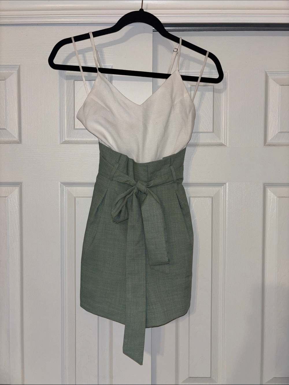Sleeveless White and Sage Tie-Waist romper